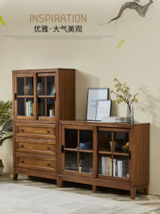 American Style Solid Wood Bookcase with Door Dustproof Glass Display Rack Floor Standing Sliding Door Storage Cabinet Organizer