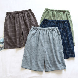 Cotton Men Solid Color Shorts Simple Loose and Breathable Student Sleeping Pants Elasticated Waistband Plaid Pajama Pants