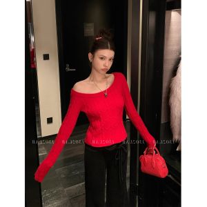 Christmas Red Twist Knit Sweater Womens Winter French Style round Neck Large Knitted Top Shoulder Bared New Years Fashion