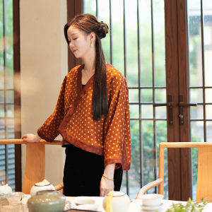 Red Cloud Silk Double-Sided Worn Chinese Style Jacket Shawl Vintage Short Top Buttoned Print Splicing V-Neck Regular Sleeve Length