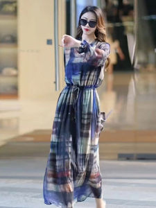 Elegant Long A-Line Dress with Bell Sleeves V-Neck Sash Acetate Satin Fabric Ladylike Commute Style High Waist Summer Dress