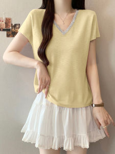 Shalldoer | French Simple Beautiful Yellow V-neck Rhinestone Short Sleeve T-shirt Womens New 2025 Summer Stylish Versatile Slimming Top