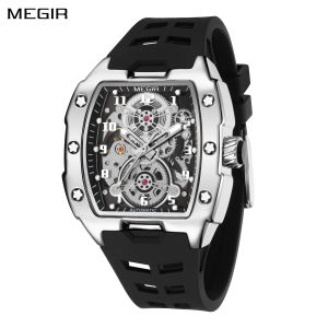 MEGIR Black Silicone Bracelet Mens Mechanical Watch Luxury Automatic Movement Skeleton Men Wristwatch Luminous Hands Watches