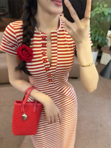 YUEZHONGWEI | Red Striped Short Sleeve Wrap Bodycon Dress Korean Style High Waist Long Skirt Womens Summer New Design Sensation Midi Dress