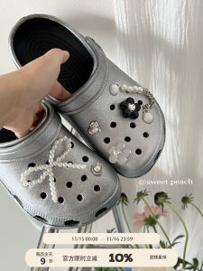 Sweet Peach Planet Original High-End Silver Flat Bottom Clog Shoes Women Summer Outdoor Wear 2025 New Slippers Anti-slip Sandals