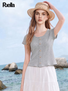 puella | French Gentle Style Round Neck Slim Fit Short Sleeve Buttoned T-Shirt