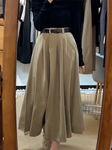 Loose Drapey Kaki Color Half-length Skirt Womens High Waist Autumn New Style Korean Version Large Swing Skirt for Ladies