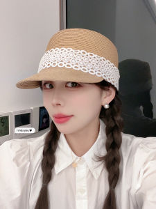 Spring New Lace Flat Top Straw Hat Womens New Summer Equestrian Sunshade Hat Outing Sun Hat Wide Brim Casual Style