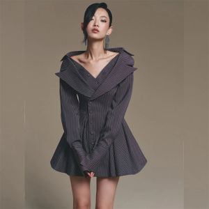 French Retro Stripe Two-piece Style Fall Dress Waist-accentuating