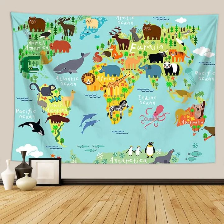 Animals World Map Tapestry Wall Hanging Large Kids Educational