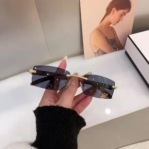 1Pc Men Gold Rimless Square Sunglasses Wood Grain Temples European Retro UV Protection for Commute Vacation