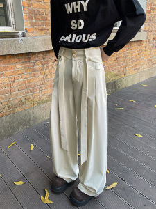 American Retro Straight Leg Casual Solid Color Mens Suit Pants with Belt Design Lightweight Wide Leg Long Pants