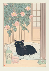 Japanese Tabby Cat in Bathtub Poster Prints Canvas  Retro Aesthetic Wall Art Picture Japandi Bathroom Toilet Home Decor