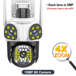 15MP WiFi Triple Len Security Camera PTZ Outdoor Cam Three Screens Motion Tracking 4X Zoom Color Night Vision Video Surveillance