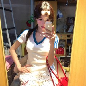 Slim Fit Womens T-Shirt Short Sleeve V-Neck Summer New American Sweet And Cool Style Printed Spicy Girl Two Bars Polo Shirt