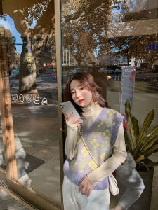 Fashionable Korean Style Womens Autumn Winter Scarf Vest Top Knitwear Shirt Easiest to Match V-Neck Plaid Pattern