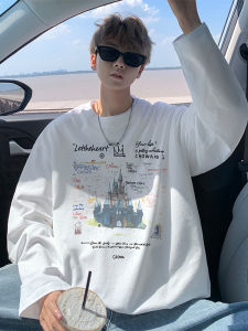 เสื้อยืดคอกลมแขนยาวผ้าฝ้ายแท้สำหรับผู้ชาย ทรงหลวม แฟชั่นลำลอง ฤดูใบไม้ผลิและฤดูใบไม้ร่วง แบรนด์ใหม่ 2025 เสื้อยืดคอกลม