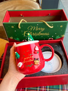 แก้วคริสมาสต์แก้วเซรามิกพร้อมฝาและช้อนแก้วกาแฟเก็บความร้อนและอุณหภูมิคงที่แบบอัจฉริยะพร้อมฝาปิดแก้วน้ำของขวัญแบบหิ้วกล่องของขวัญ