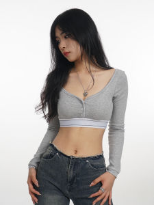 Fitness Sporty Long Sleeve Ultra-Short Crop Top Womens Street Style T-shirt Button Front Square Collar Bodycon Tee