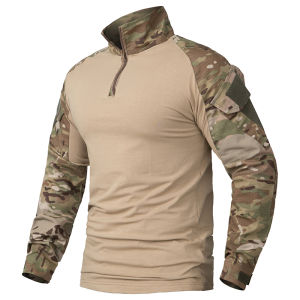 Mens Camouflage Tactical Shirt 1/4 Zip Long Sleeve Combat T Shirt Cotton Camo Uniform Airsoft Shirts