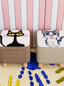 Solid Wood Shoe Changing Stool Household Fabrics Cartoon Square Stool Fashion Footstool Minimalist Children Small Low Stool Sofa Stool Bench