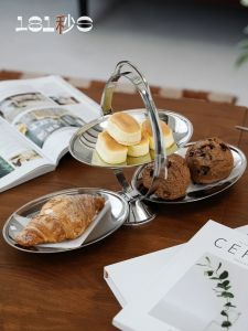 จานเก็บของสองชั้นพับได้สไตล์นอร์ดิกหรูหราสำหรับใช้ในบ้าน จานขนม จานผลไม้ จานอบเค้ก ชานมค่ำ จานเก็บของแบบพับได้ จานเก็บของแบบพับได้