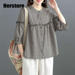 Herstore Imitation Cotton Linen Shirt Plus Size Womens 3/4 Sleeves Korean Loose Casual Large Size Versatile Shirt Stand up Neck Top