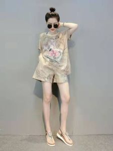 Fashionable Floral Print Loose Womens Summer T-Shirt Shorts Set Casual Sportswear Cotton round Neck Short Sleeve Two-Piece Suit