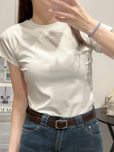 Basic Short Sleeve Slim Fit Solid Color Shoulder T-Shirt Womens Cotton Summer New Style Base Shirt Half Sleeve Cotton Top