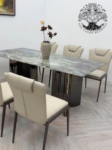 Bàn Ăn Nhập Khẩu 3 Cánh Sọc Vàng Inox Mạ Titan Đen Mặt Đá Vi Tinh Thể Cẩm Thạch Căn Hộ Nhà Phố