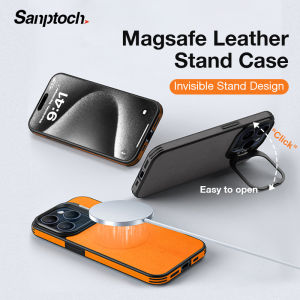 Sanptoch Luxury Leather Magsafe Phone Case For iPhone 15 / 14 / 13 Pro Max Metal Lens Stand Cover For iPhone 15 Pro Max Anti-Drop Shockproof Protection Casing