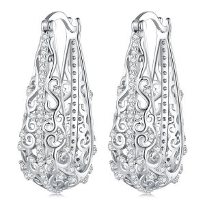 BAMOER 925 Sterling Silver Decorative Vine Hollow Pattern Hoop Earrings Waterdrop Shape Ear Buckles for Women Luxury Jewelry BSE753