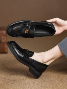 Low Heel round Toe Casual Loafers Womens Shoes British Style Large Size Leather Shoes Comfortable Walking Footwear Spring Season
