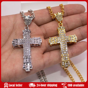 Simple Style MENS Rhinestone Christian Cross Rhinestone Pendant Necklace Personality Fashion Street Domineering Chain Jewelry Hip Hop Cool Inlaid Zirconia Sparkling Cross Pendant Gold Color Necklace for Men Women Universal Punk Party Favor Jewelry