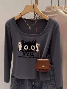 Slim Fit Shoulder T-Shirt Womens Spring Autumn Inner Wear Commute Design U-Neck Print Cat Base Shirt Deep Grey Long Sleeve Top