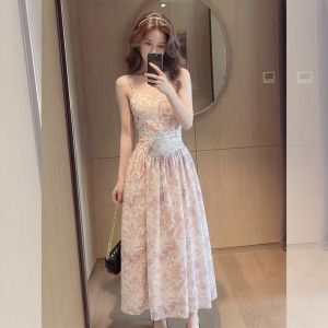 YIKEMAI | Gentle Pink Floral Strap Slimming Dress