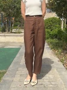 กางเกงลำลองทรงหลวมเอวสูงผ้าลินินผสมโพลีเอสเตอร์สำหรับผู้หญิง กางเกงขายาวทรงหลวมเอวสูงทรงหลวมสำหรับฤดูร้อน