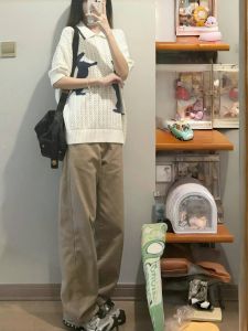 Quần Ống Đứng Màu Nâu Cạp Cao Cho Nữ Mùa Xuân Thu Quần Ống Rộng Màu Kaki Quần Dài Công Sở Phong Cách Mỹ Quần Dài Thường Ngày