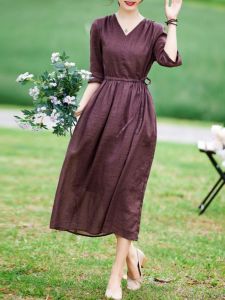 NUANKONG | Retro Style Cotton Linen Dress Summer Slim Fitting With Waistband Tie