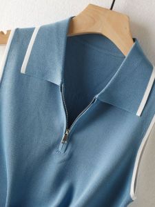 เสื้อกั๊กแขนกุดคอโปโลผ้าไหมน้ำแข็งหลวมๆ สำหรับผู้หญิงในช่วงฤดูร้อน เสื้อคลุมกันหนาวแบบสวมหัวแบบลำลอง ผ้าฝ้ายผสมโพลีเอสเตอร์