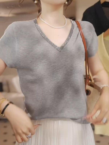 Shalldoer | Summer Breathable Thin Knitwear Short Sleeve Womens V-neck Glitter Top Korean Style Slim Fit Pure Color Commute Fashion