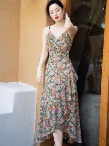 Summer Three-Color Floral Print Halter Dress French Tea Break Lace Trim Slim Long Beach Dress  Sweet Style High Waist Skirt