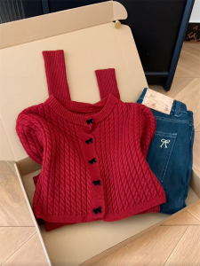 Korean Style Christmas Red Knitted Shawl Coat Womens Slim Fit Set Autumn Winter Beautiful Commute Silk Top Long Sleeve round Neck