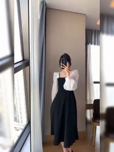 🌟CORE🌟dresses women new style 2025 Korean Trends Korean Style Puff Sleeved Sundress Women Plain Square Neck Long Sleeved A-line Dress