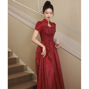 Red Wedding Dress Cheongsam Engagement Party Evening Gown Womens Fashion Retro Style Zipper Pearl Embellishment Long Skirt
