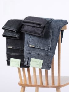 ROMON | Lormen Mens Fleece Lined Jeans Slim Fit Casual Thick Autumn Winter Denim Pants Youth Trendy Elastic Straight Leg Nine Points