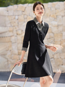 MOHANYIMEI | Slimming Polo Neck Plaid Patchwork Long Sleeve Fitted Dress