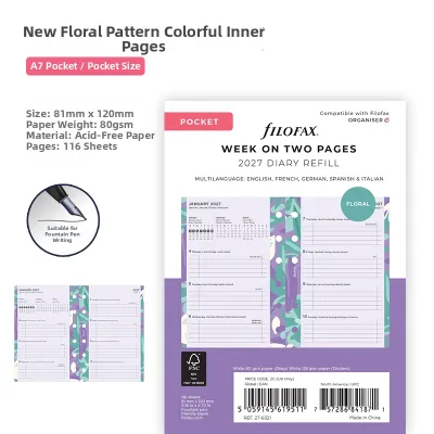 Filofax | Weekly Creative Patterned Planner Refills for A5 A6 A7 with Lined Perforated Pages