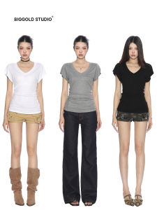 Áo Thun Nữ Tay Ngắn Cổ Chữ V Biggold Phong Cách Hàn Quốc Mùa Hè Dáng Cơ Bản Ôm Vừa Vặn