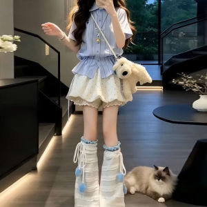 SUSIEYUAN | Petite Unique Stylish Korean Style Shirt Polka Dot Balloon Skirt Set for Women